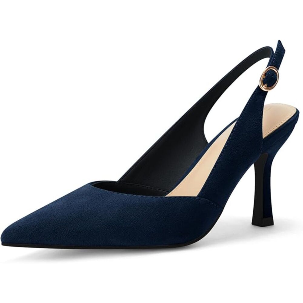Women's Navy S Closed Toe Faux Leather Slingback Kitten Heel Wedding Pumps Shoes